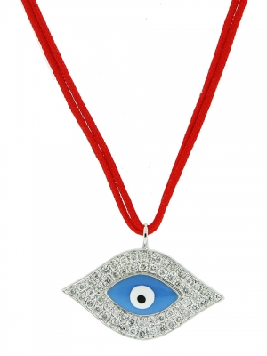 18k White Gold Enamel & Diamond Evil Eye Pendant Red String Necklace