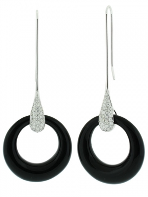 1.40ct Diamond & Circle Shape Black Onyx 18k White Gold Fishhook Dangle Earring