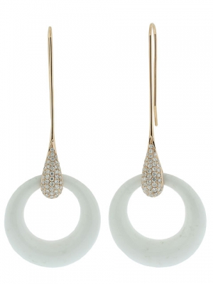 1.40ct Diamond & Circle Shape White Onyx 18k Pink Gold Fishhook Dangle Earring