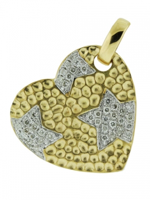 18k Hammered Yellow Gold & 0.35 Pave Star Shape Diamond Heart Shape Pendant