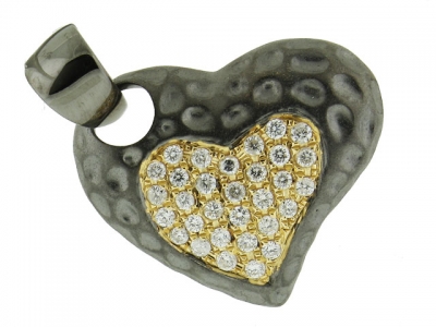 18k Hammered Black & Yellow Gold 0.27ct Diamond Heart Shape Pendant