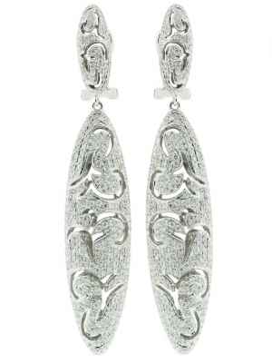 3.10ct Pave Diamond & 18k Solid White Gold Long Oval Shape Leaf Cutout French Clip Earring