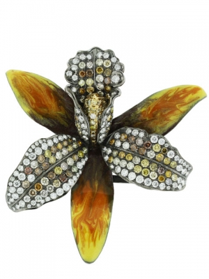 10.26ct Multi Color Diamond & 18k Black Gold Fiery Enamel Flower Brooch