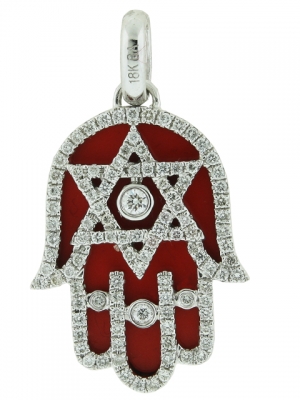 18k Solid White Gold Pave Diamond Star of David Red Hamsa Hand Pendant