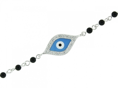 18k White Gold Black Beaded Blue Enamel Diamond Evil Eye Bracelet