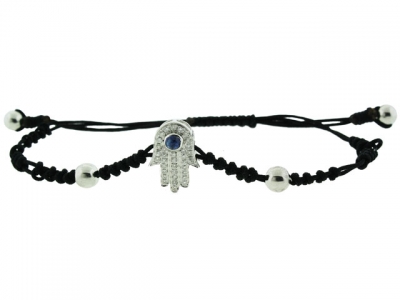 18k White Gold & Braided Black String Diamond Blue Sapphire Hamsa Hand Bracelet