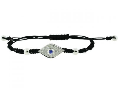 18k White Gold & Braided Black String Diamond Blue Sapphire Evil Eye Bracelet