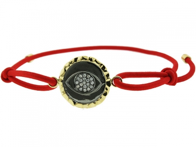 18k Hammered Yellow Gold & White Gold Center Diamond Evil Eye Red String Bracelet
