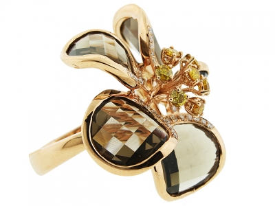 Sliced Smokey Topaz & Yellow & White Diamond 18k Pink Gold Flower Shape Ring