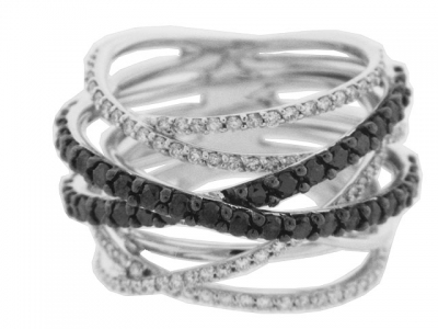 White & Black Diamond Multi Row 18k Gold Ring