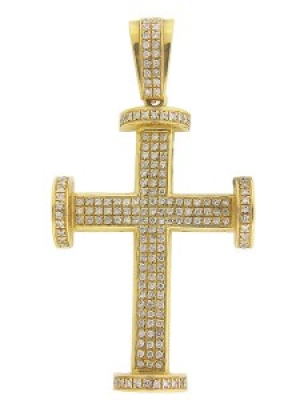 3.08ct 3 Row Pave Diamond 18k Yellow Gold Cross Pendant