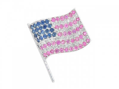 1.9 ct Diamond & Sapphire USA Flag Pin Brooch 18k White Gold
