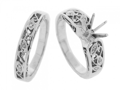 Vintage Diamond 18k Gold Milgrain Bridal Set Rings