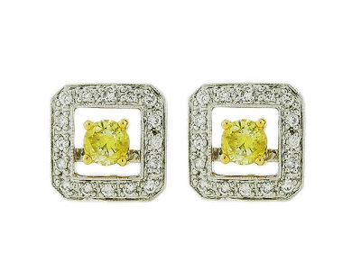 18k White Gold Square Shape Diamond & Yellow Diamond Center Stud Earrings