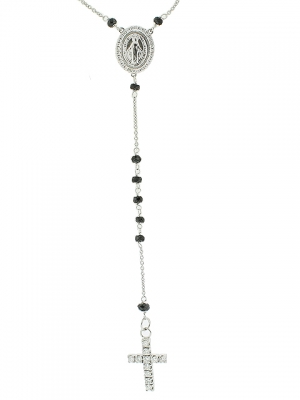 14k Solid White Gold Black Gemstone Beaded Cross Pendant Necklace