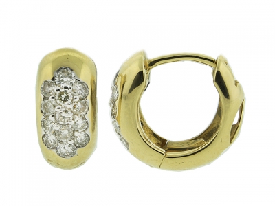 18k Yellow Gold Double Flower Shape Diamond Front Mini Hoop Earring