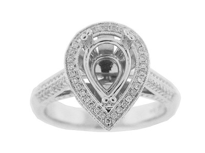 Diamond 18k Gold Pear Shape Milgrain Semi Mount Ring