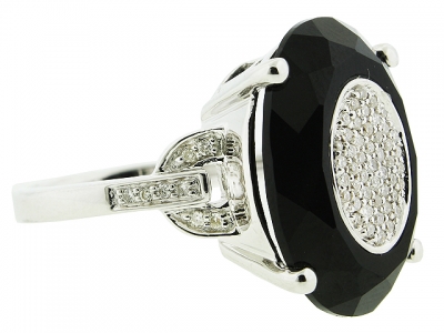 9.57ct Oval Shape Black Onyx & Pave Diamond 18k White Gold Cocktail Ring