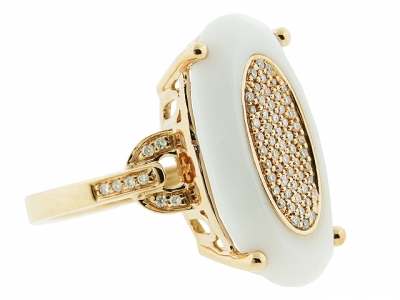 11.37ct Oval Shape White Onyx & Diamond 18k Gold Pink Ring