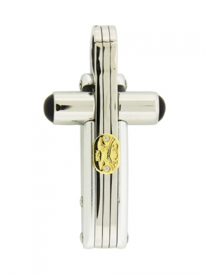 SAURO Men's Stainless Steel 18k Gold Onyx Cross Pendant