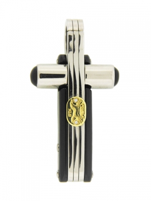 SAURO Men's Stainless Steel 18k Gold Onyx Cross Pendant