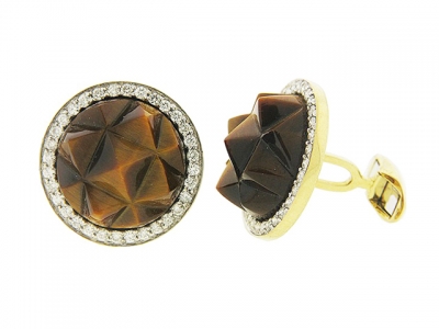 Tiger Eye Round Diamond 18k Yellow Gold Cufflinks