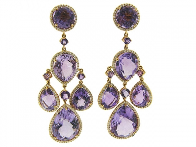 Celebrity Style Pear Amethyst & Diamond 18k Gold Chandelier Earrings