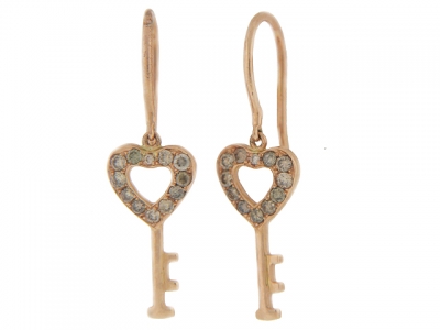 Heart Shaped Pave Champagne Diamond 18k Gold Key Fishhook Earrings