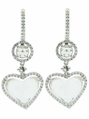 6.96ct White Topaz & 18k White Gold Pave Diamond Heart Shape Dangle Earring