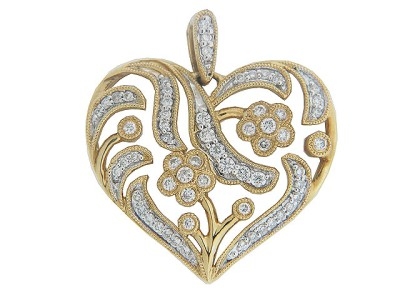 Diamond 18k Yellow Gold Milgrain Flower Heart Pendant