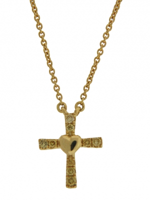 Yellow Diamond Cross & Heart 18k Gold Necklace