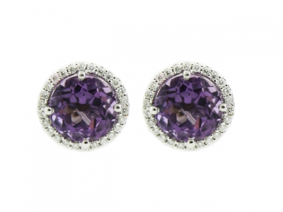 18k White Gold & Diamond Circle Shape Amethyst Gemstone Stud Earring