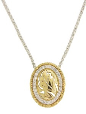 Vintage Diamond Oval Leaf Pendant 18k Two Tone Gold Necklace