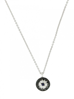 18k White Gold & Black Diamond Blue Sapphire Center Circle Shape Evil Eye Necklace