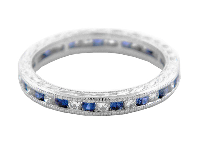 Milgrain Diamond Sapphire 18k Eternity Wedding Band