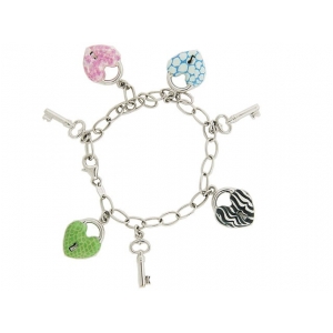 14k Italian Gold Dangling Enamel Key Heart Charm Bracelet