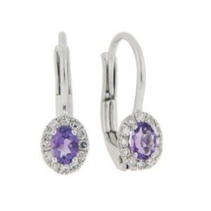 Oval Amethyst & Diamond 18k White Gold Lever back Earrings