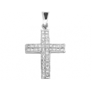 .75 ct 2 Row Princes Cut Diamond 18k White Gold Cross Pendant