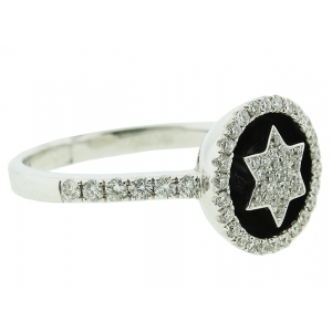 0.46ct Circle Shape Black Onyx & Pave Diamond Star of David Center 18k White Gold Ring