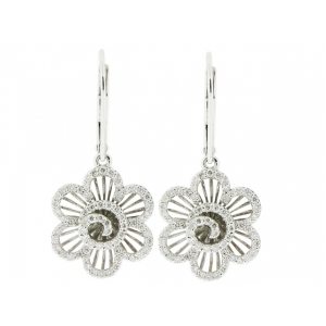 18k White Gold Curvy Pave Flower Shape Diamond Dangle Earring