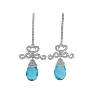 13.3ct Diamond & Pear Blue Topaz 18k Gold Dangle Earrings