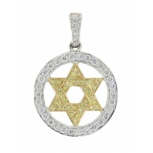 Circle Shape Pave Diamond 18k Yellow & White Gold Star of David Pendant