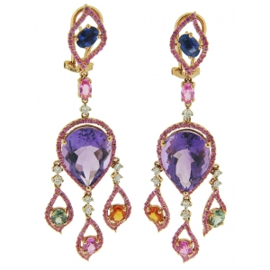 Celebrity Style Diamond & Gemstone 18k Gold Chandelier Earrings