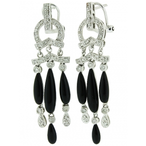 Solid 18k White Gold & Black Onyx Chandelier Pave Leverback Diamond Dangle Earring