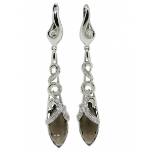18k White Gold Smokey Topaz Tear Drop Shape Diamond Dangle Earring