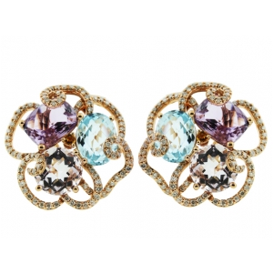 14.40ct Multi Gemstone & Diamond 18k Pink Gold Flower Shape Huggie Earring