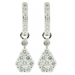 18k Solid White Gold Pear Shape 1.08ct Diamond Dangle Hoop Earring