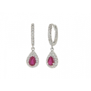 18k White Gold Diamond Hoop Pear Shape Ruby Dangle Earrings