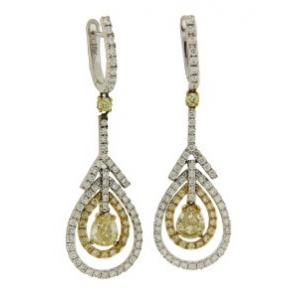 2.92ct Yellow & White Diamond 18k Pear Shape Dangle Earrings