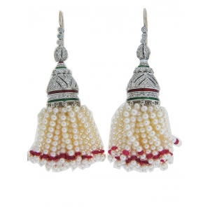 12.40ct Diamond 18k Gold Milgrain Pearl & Ruby Tassel Dangle Earrings